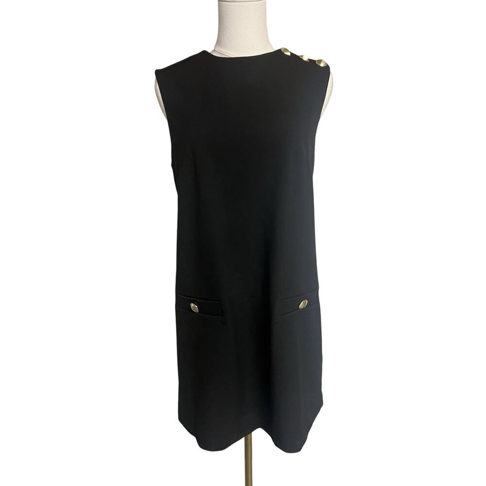 H&M Black Shift Dress Size Small Gold Buttons Office Career Old Money Chic